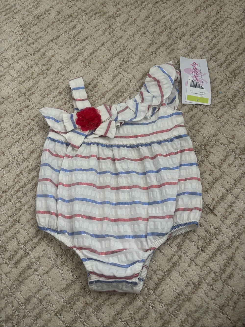 Bonnie Baby Girls Striped Ruffle One-Piece with Red Flower 3-6 months
